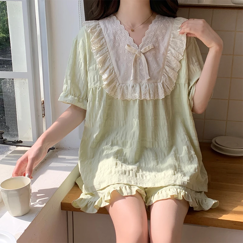 【星】甜美公主风睡衣女夏季蕾丝宫廷风甜美家居服两件套可外穿5039