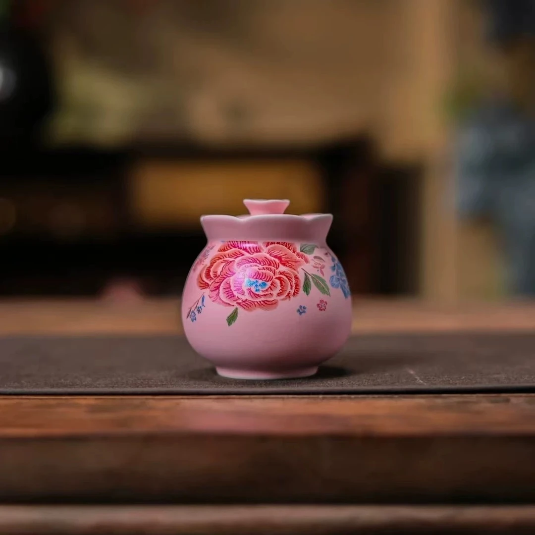 粉色刺绣 牡丹茶叶罐T3153高档陶瓷