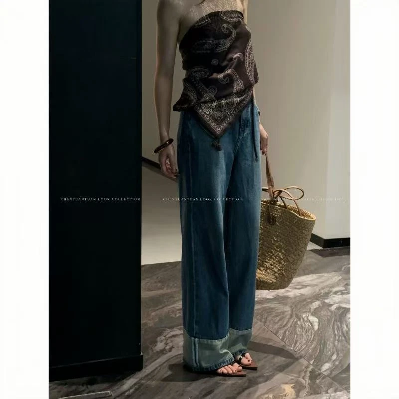 TUANTUAN 设计感拼接卷边复古港风老钱显瘦直筒牛仔裤 8015