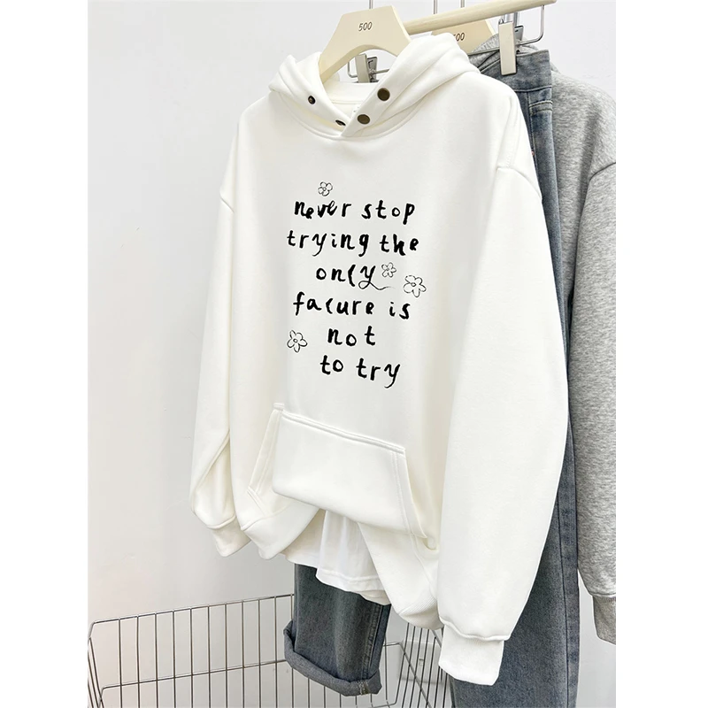 韩版字母印花纽扣连帽卫衣女秋冬款宽松大码oversize加绒加厚上衣