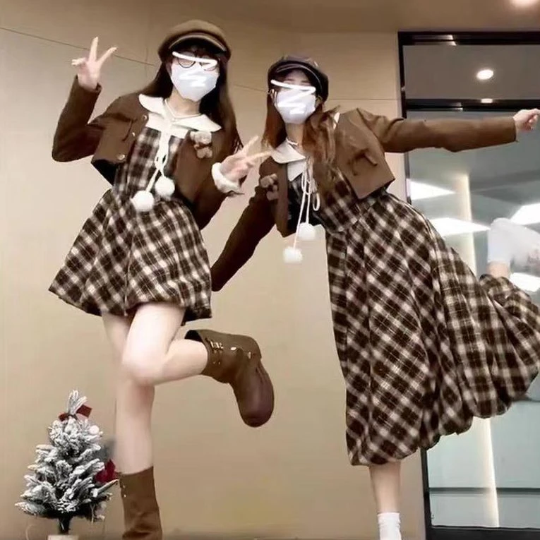 胖颖专属大码秋冬季新款法式学院风格子花苞裙+外套套装0635