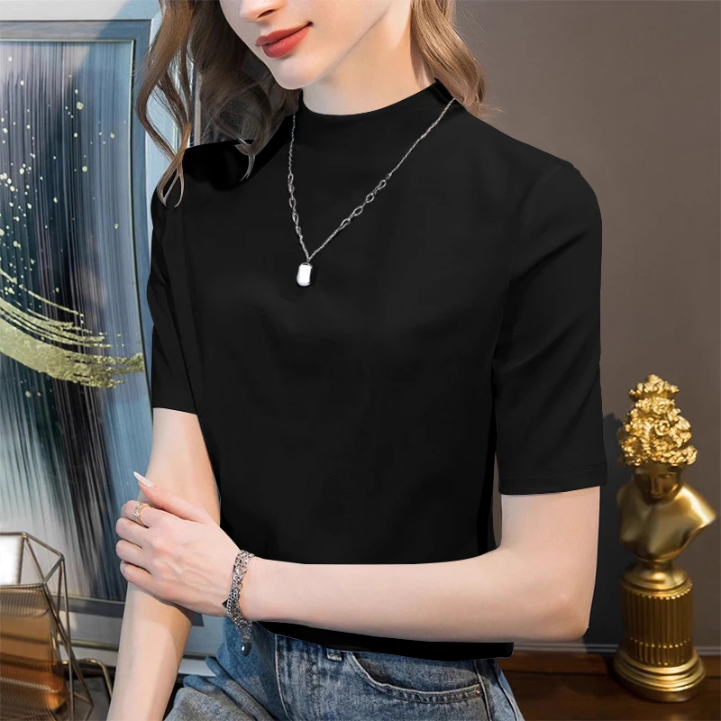 新款莫代尔安克拉红半高领打底衫夏季韩版修身内搭半袖t恤女上衣