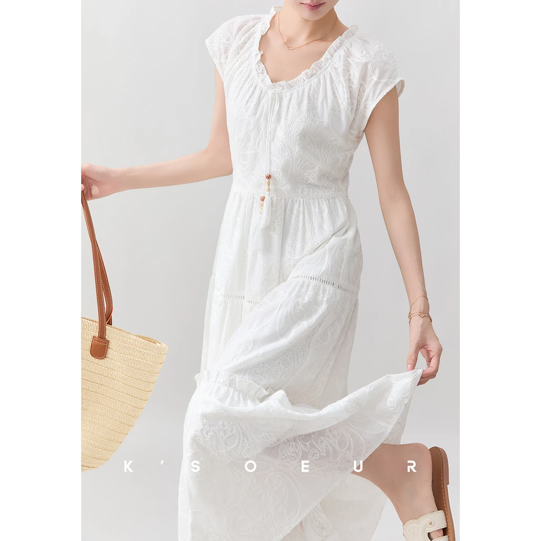 K姐KSOEUR【温柔月光背心裙】绳绣刺绣棉布 木耳边小飞袖背心裙女
