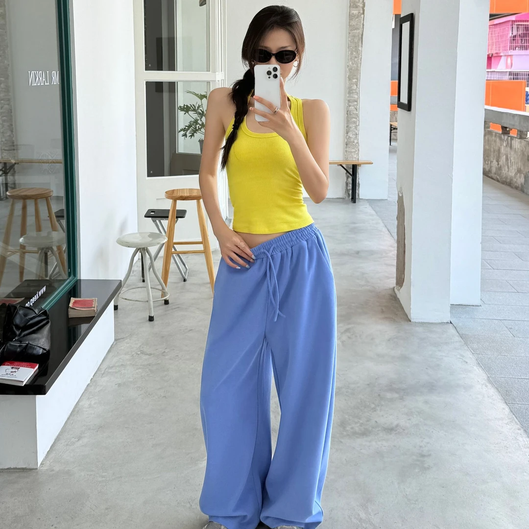 美式弯刀多巴胺色地平线蓝色阔腿运动裤子女26新款宽松休闲卫裤