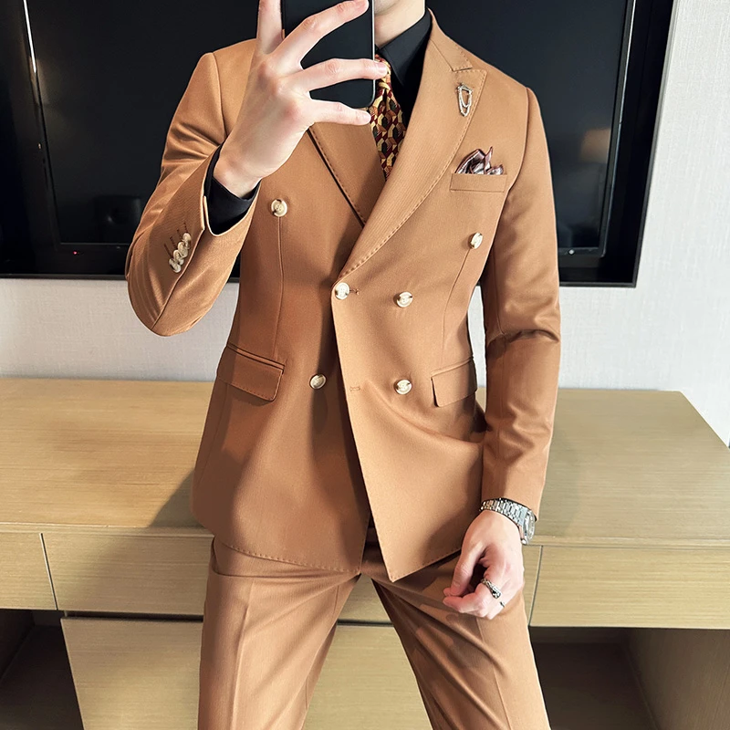 高档混纺男士西装韩版双排扣商务休闲通勤西服套装男士大码西装新