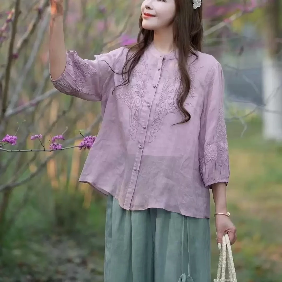 复古苎麻内里包边刺绣衬衫女文艺大码显瘦轻薄舒适上衣