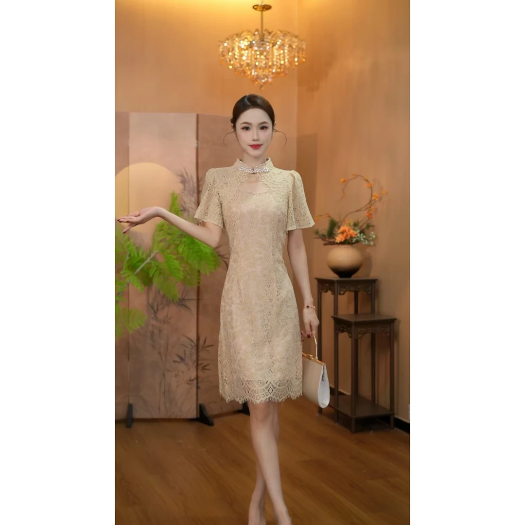 3701【雅韵凝香】新中式蕾丝旗袍改良连衣裙高端气质修身裙子