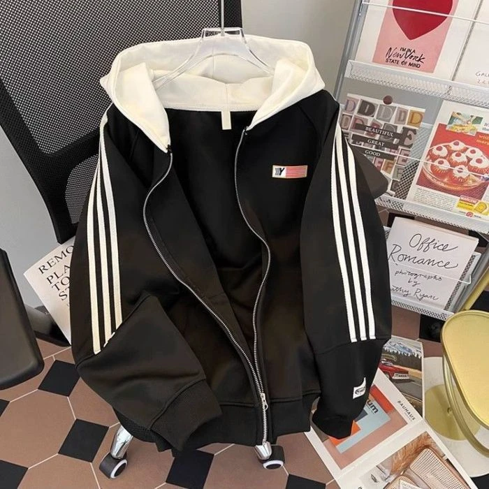 2-300斤加大码三条杠拼接开衫外套初秋男女复古休闲撞色连帽卫衣