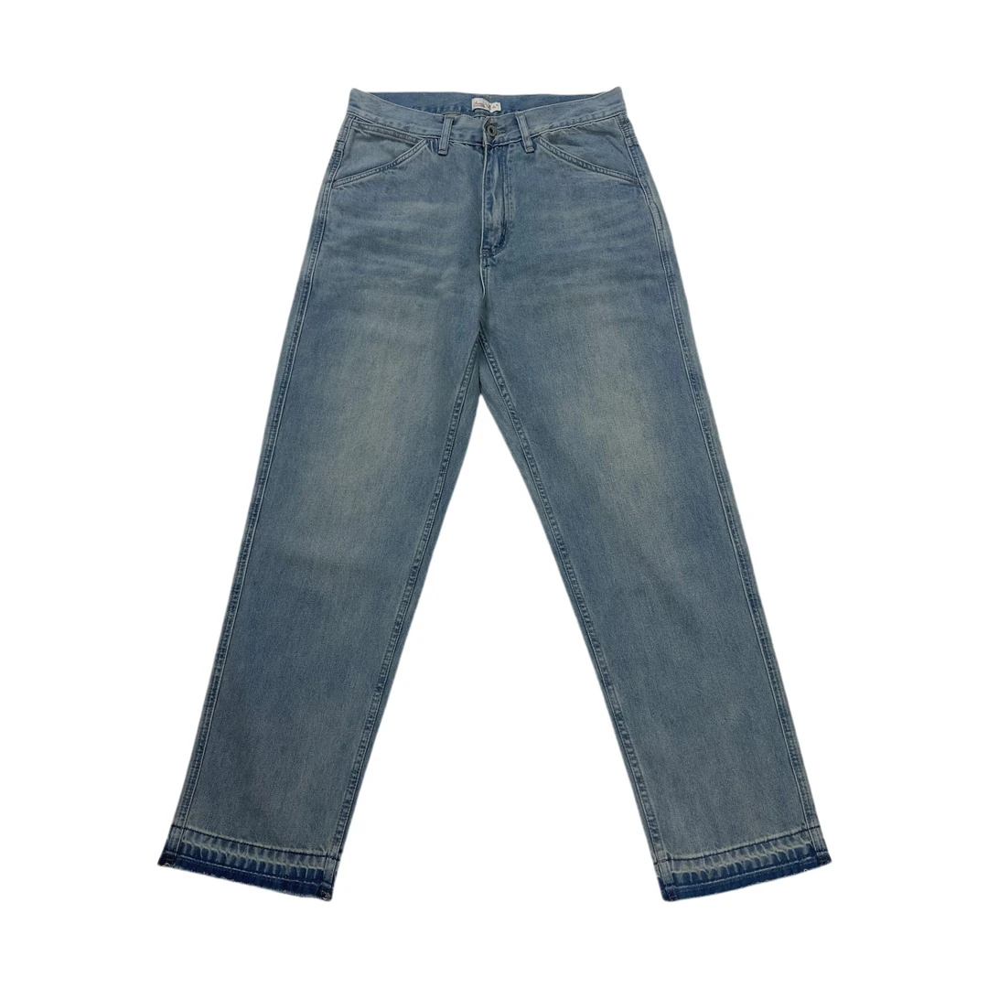 25男士浅蓝水洗刀割破坏长裤脚拉须日系直筒百搭款牛仔裤显腿长潮