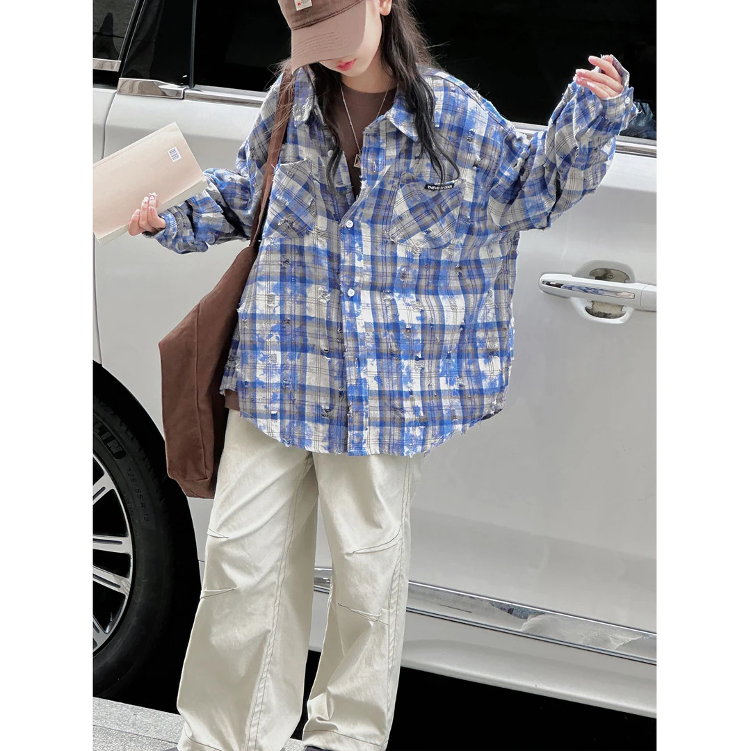 K28533孙小美晕染做旧女童格子衬衫2025秋装新款儿童外套春秋上衣