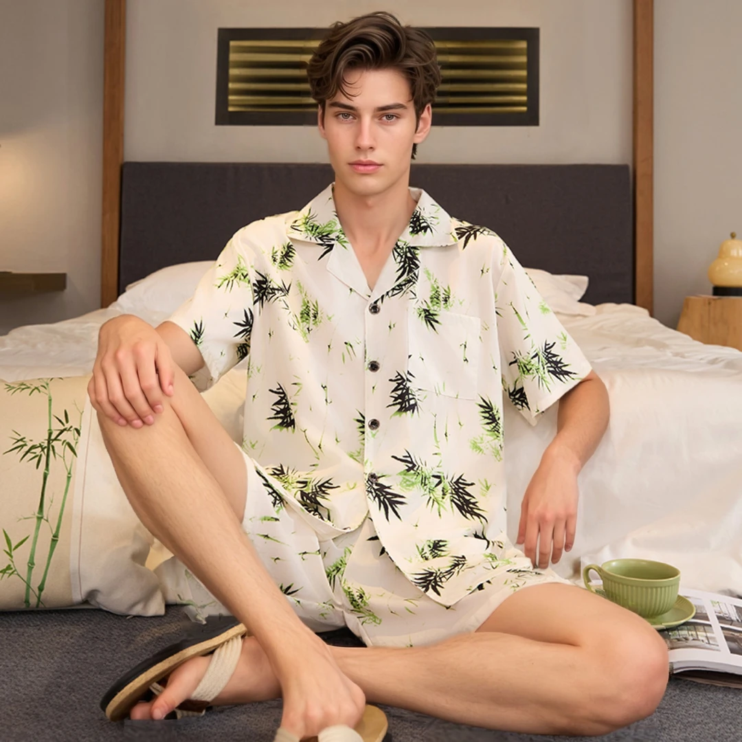 睡衣男夏季冰丝加肥加大码翻领开衫短袖男式家居服套装仿真丝休闲