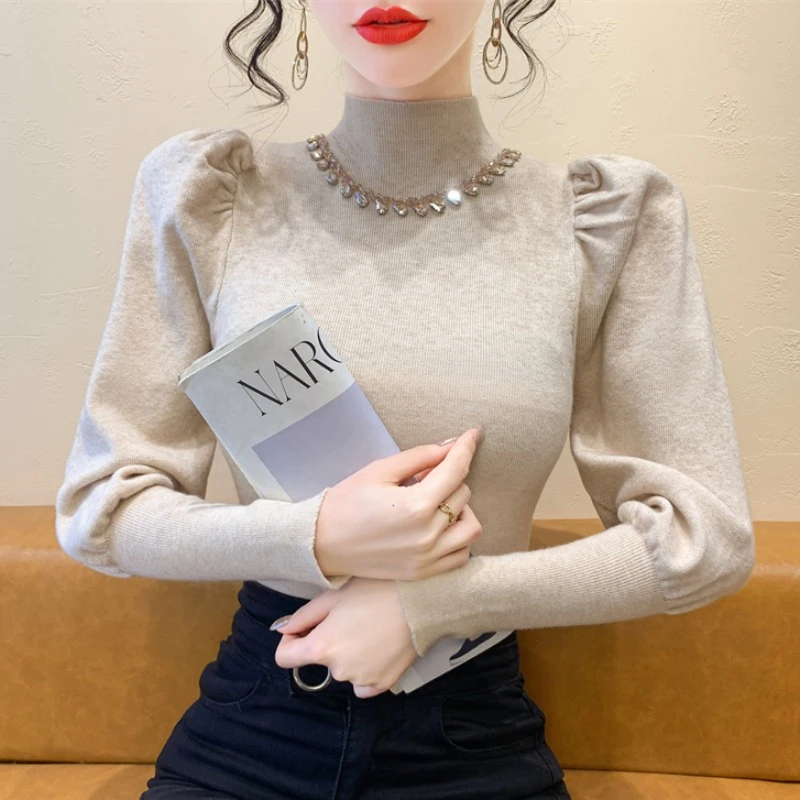 法式复古半高领打底针织衫女秋季新款泡泡袖毛衣内搭修身气质上衣