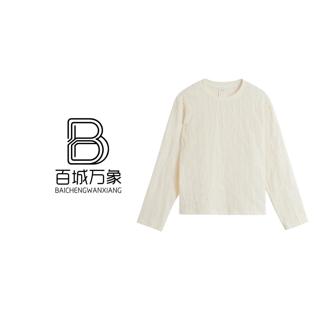 （百城万象门店款）茵曼秋季法式立体花纹长袖T恤圆领宽松打底衫