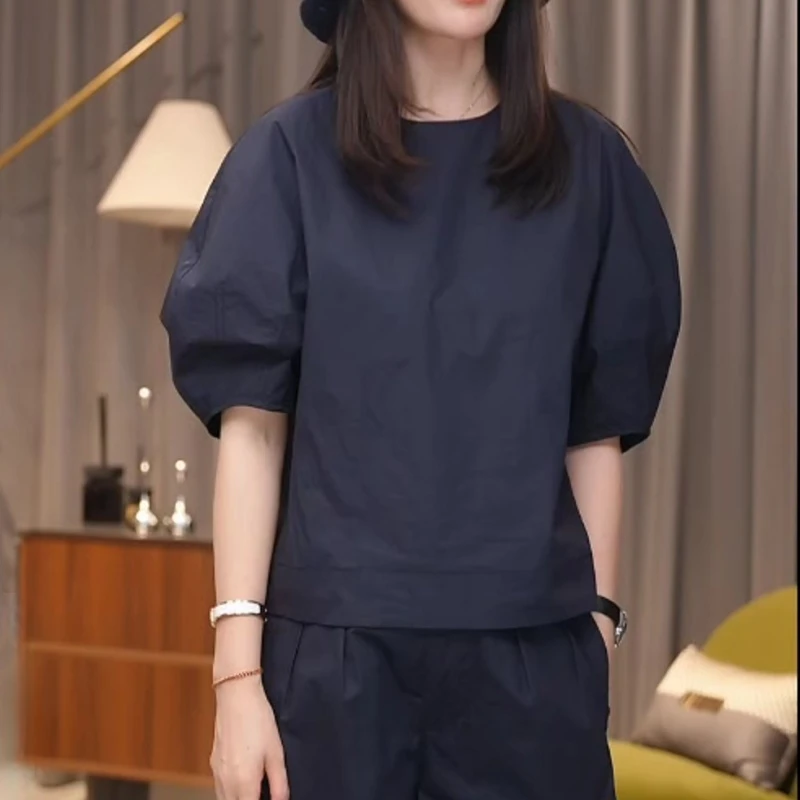 2025灯笼袖夏季小众计感衬衫圆领女+九分直筒休闲裤LK2502891