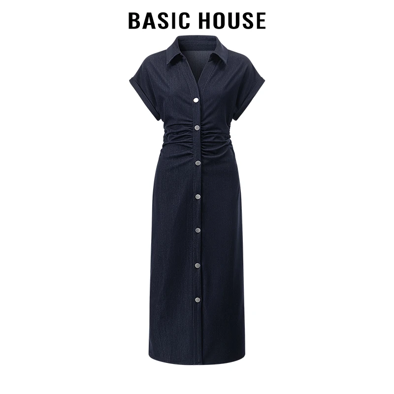 百家好/Basic House25年秋季收腰气质通勤时尚高级短袖牛仔连衣裙