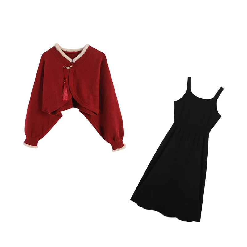 周周-秋季时尚大码新中式短款针织上衣遮肉吊带裙两件套ZL101491