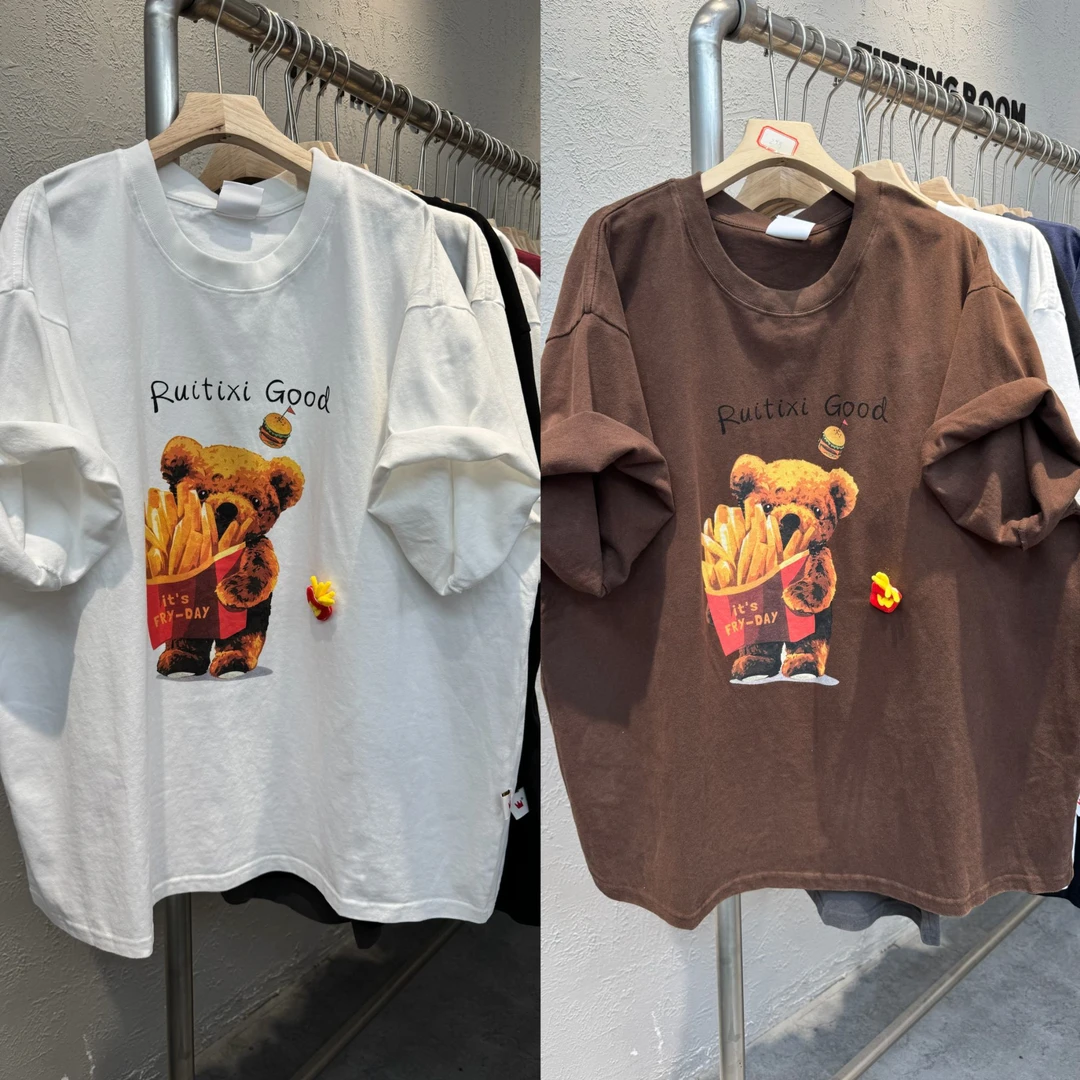 306秋季新款韩版麦当劳小熊印花宽松大版休闲磨毛短袖T恤女