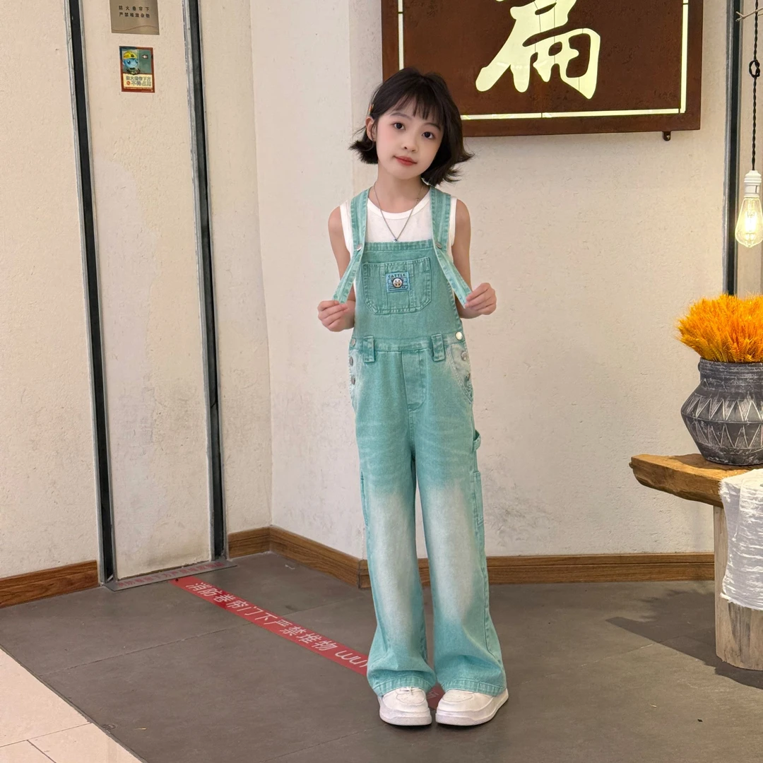 多巴胺复古薄荷绿牛仔背带裤女童春秋新款宽松显瘦中大童直筒连体