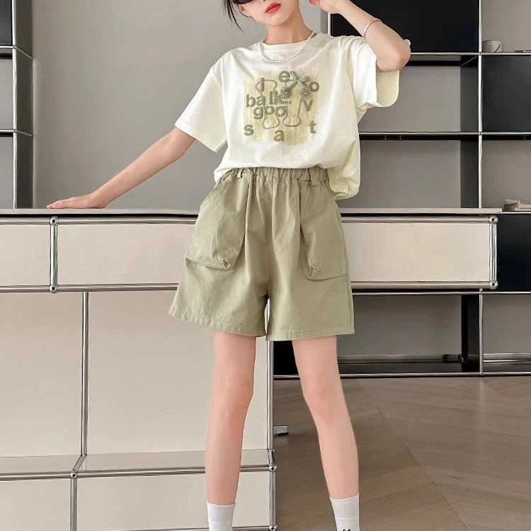 女童夏装短袖卡通T恤短裤两件套2025新款中大童韩版洋气运动套装