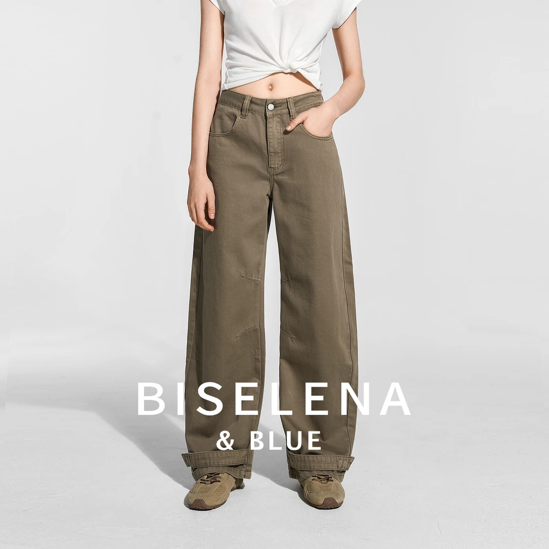 贝茜妮复古脚口四合扣袢带弯刀牛仔裤女年直筒宽松长裤子