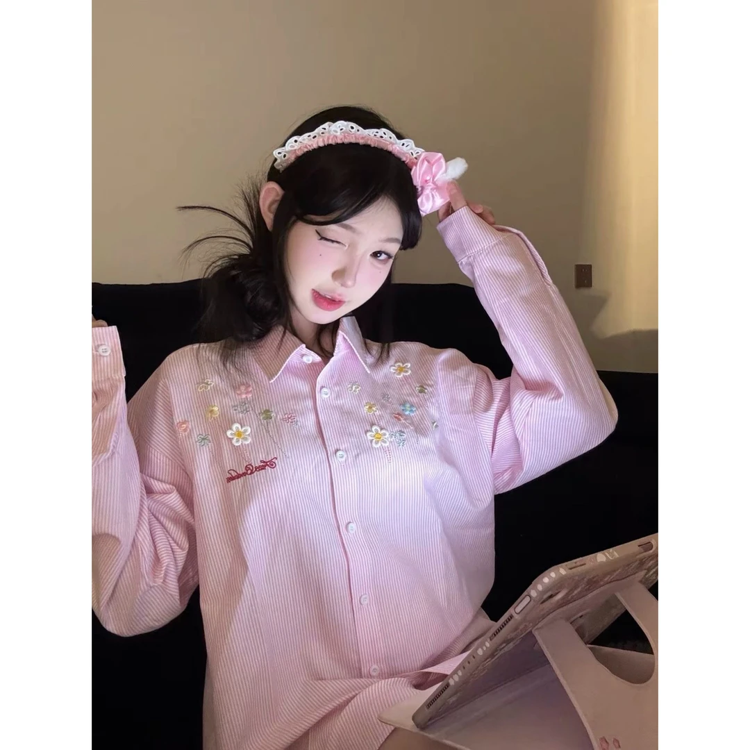 爆款韩系甜美风长袖女装女夏季刺绣宽松显瘦休闲衬衣设计感上衣潮