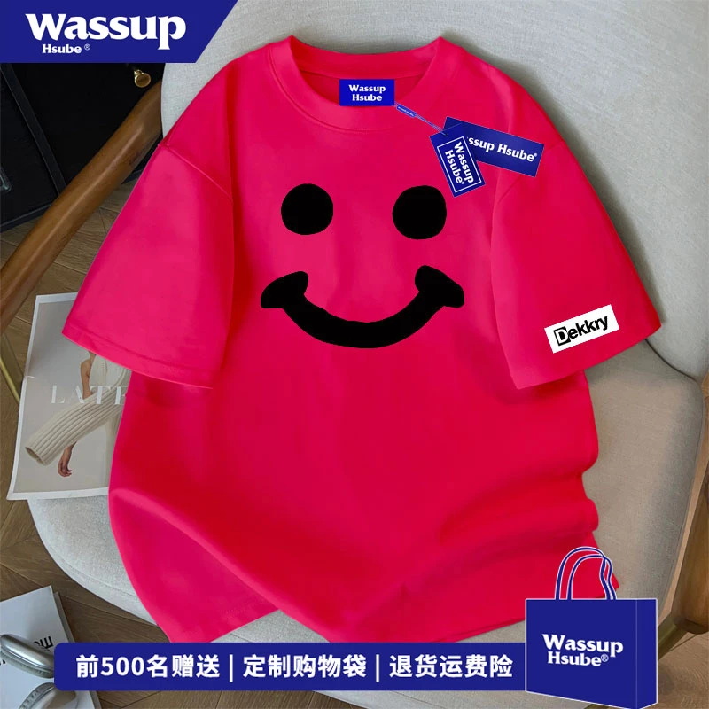 WASSUP HSUBE 街头ins美式笑脸印花纯棉短袖T恤夏季百搭正肩上衣