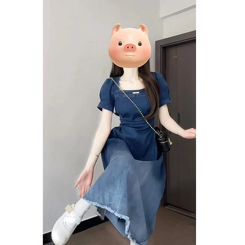 2025夏季新款港风渐变蓝色牛仔连衣裙女方领高级感显瘦法式风裙子