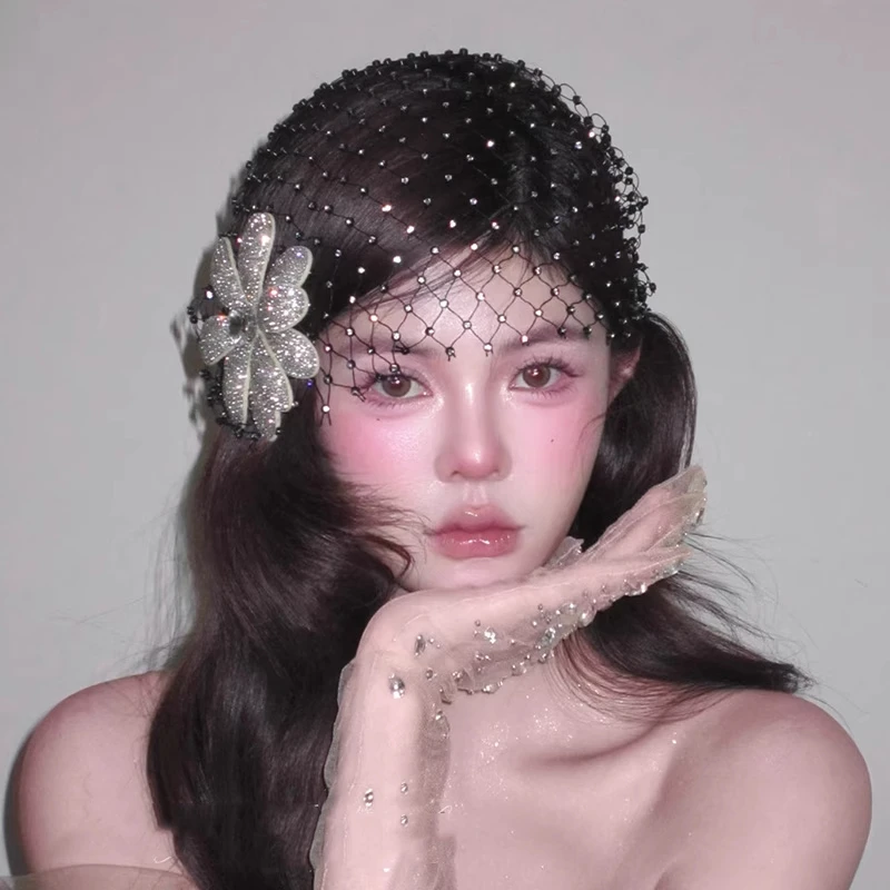 易梦玲同款法式水钻花朵网纱帽饰高级感气质名媛新娘头饰结婚饰品
