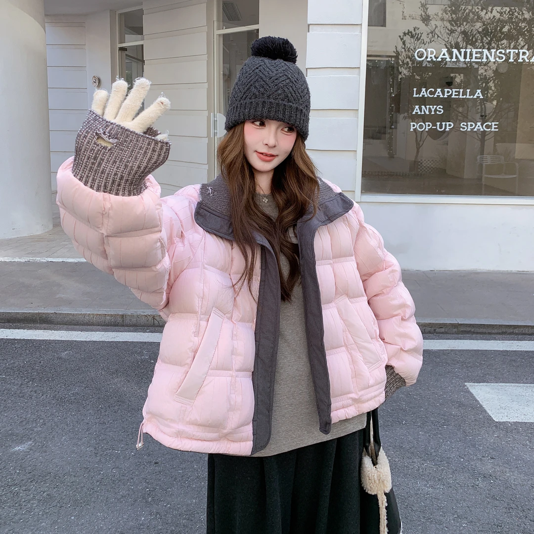 韩系减龄撞色拼接两面穿羽绒服女2025冬季新款小个子白鸭绒短外套