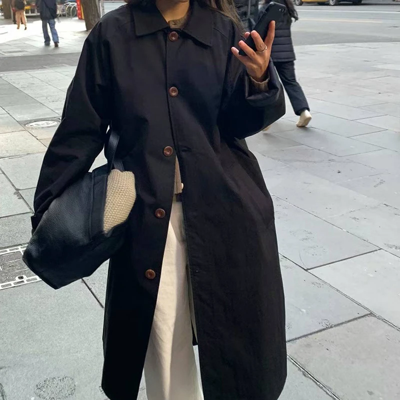 【泡菜】-简约日常通勤百搭廓形长款工装宽松韩版气质ins风衣外套