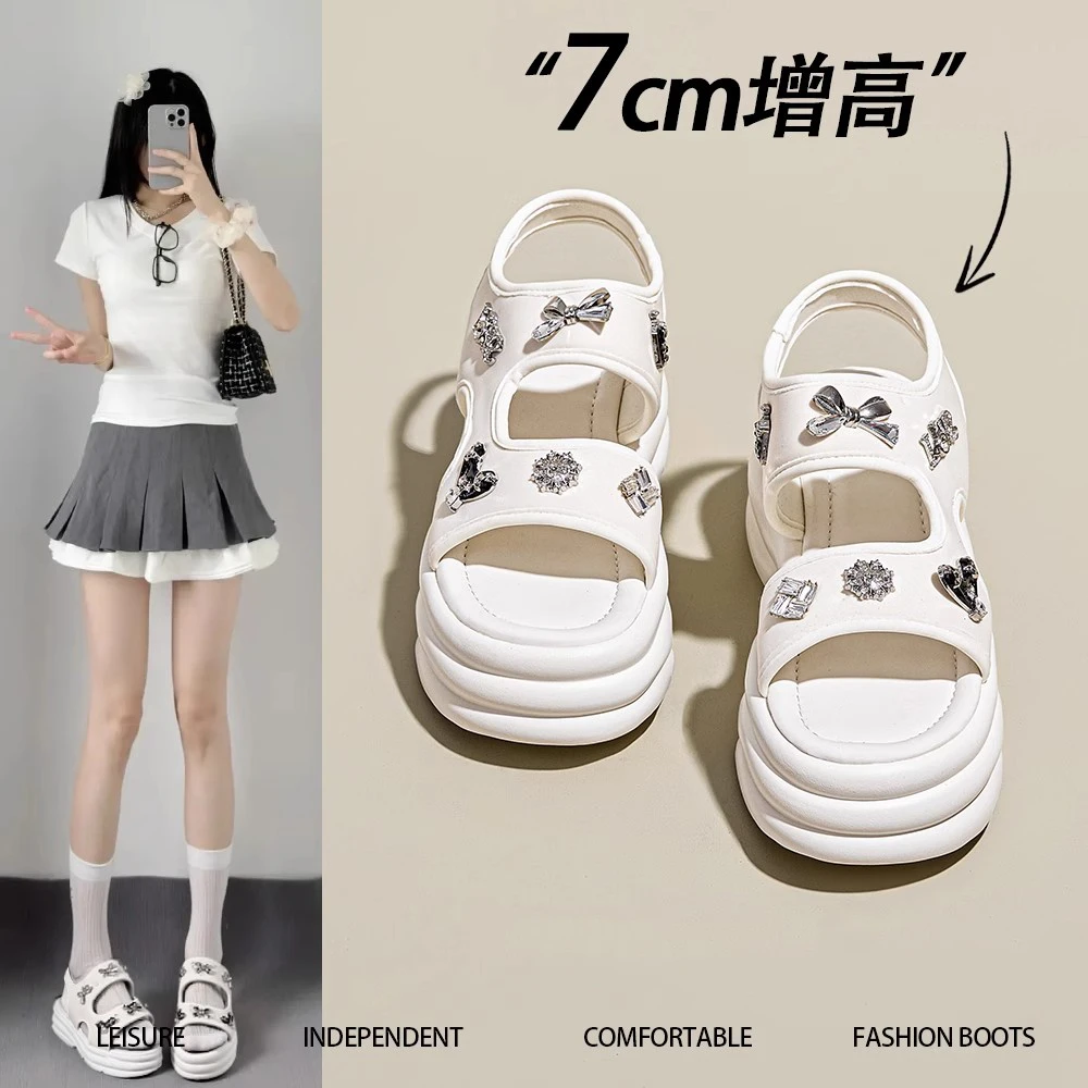 7cm厚底凉鞋女2025夏季新款沙滩鞋水钻外穿松糕底增高百搭休闲鞋