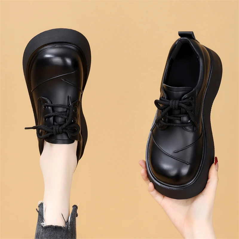 黑色百搭学院风小皮鞋女秋冬2025新款显瘦深口单棉鞋厚底系带英伦