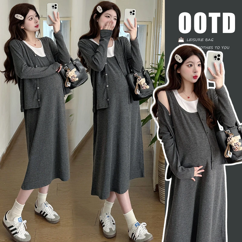 孕妇装韩版洋气显瘦2025春季新款时尚连衣裙孕期慵懒风两件套