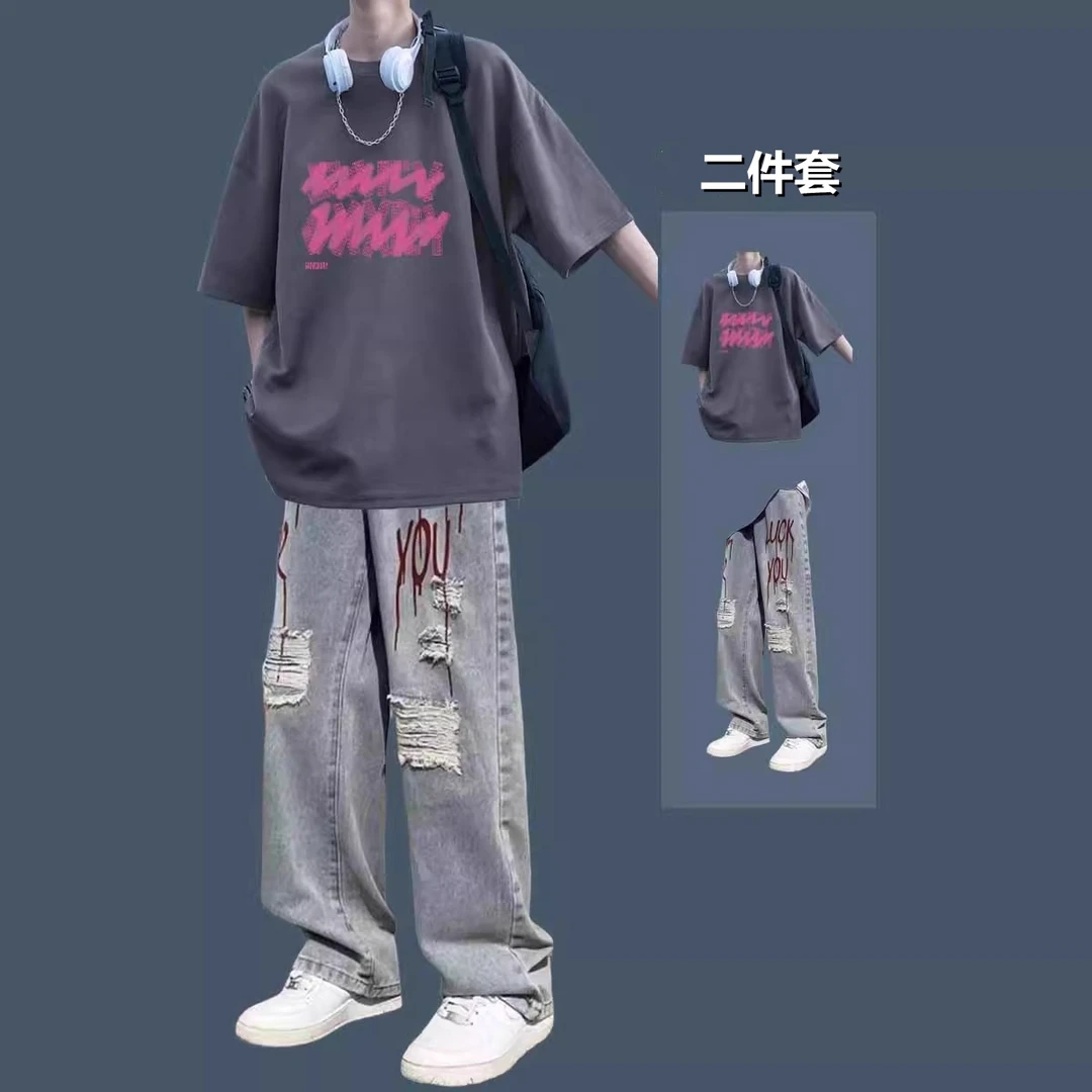 美式复古短袖t恤男士短款夏季套装潮流ins宽松高街体恤搭配牛仔裤