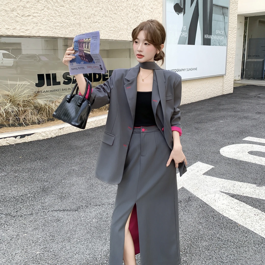 灰色气质通勤老钱风穿搭西装套装裙女2025秋季新款半身长裙两件套
