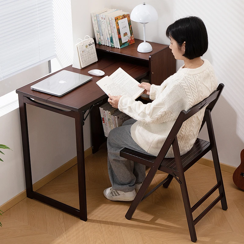 折叠书桌书柜一体小户型电脑桌家用学生儿童学习桌实木书房办公桌