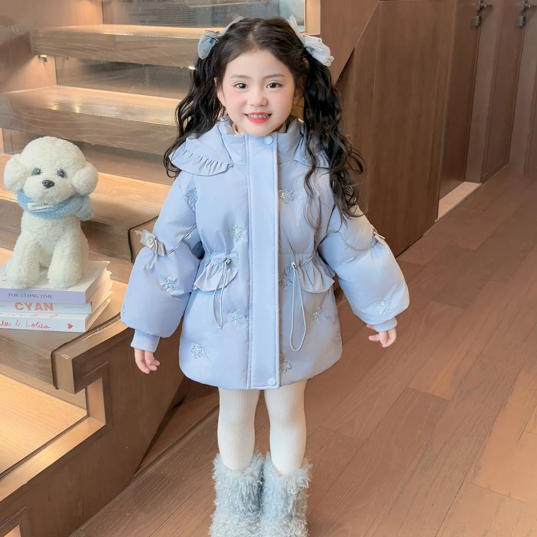 女童加厚花边雪花收腰棉衣外套冬季2025新款女孩洋气保暖连帽棉服