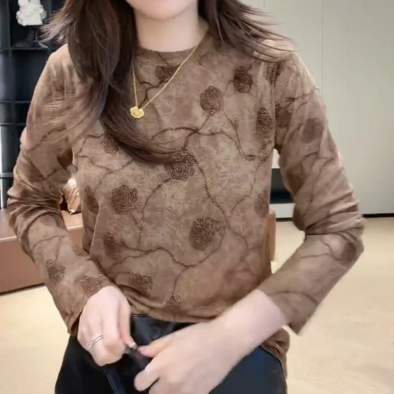 秋季新款韩系复古晕染扎花长袖圆领T恤上衣LK2506457