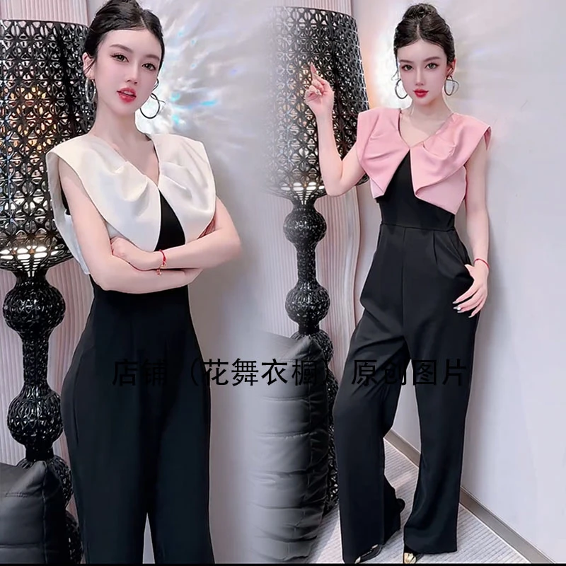 高级感轻奢撞色无袖连体衣裤女2025夏季新款设计感显瘦垂感阔腿裤