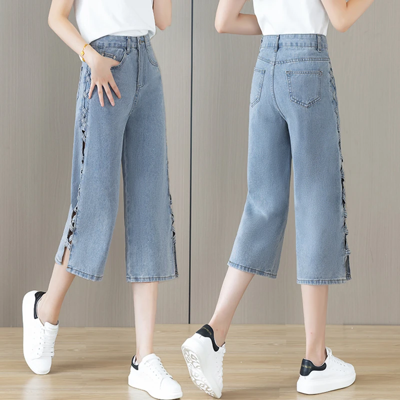 无弹高腰镂空宽松气质直筒牛仔裤女2025年夏季复古七分薄款阔腿裤