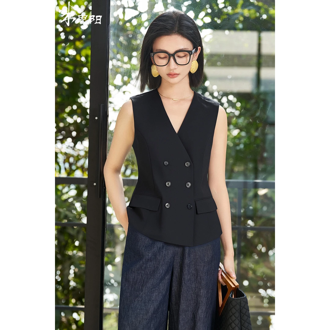 【雅然老师专享】高智感V领双排扣设计收腰显瘦马甲5R25BN5988