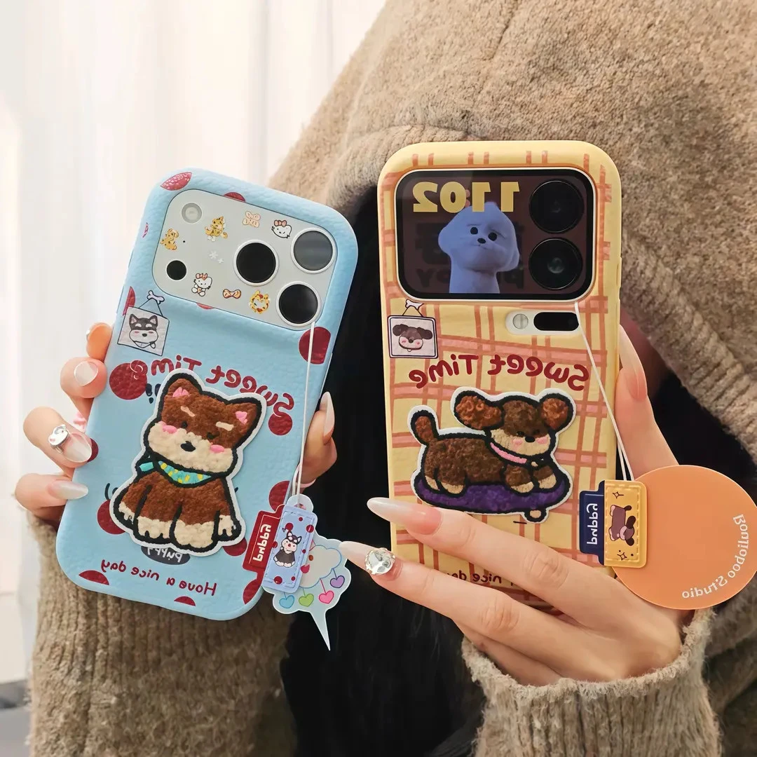 波点卡通小狗刺绣小标签适用苹果17华为情侣手机壳oppo小米vivo软