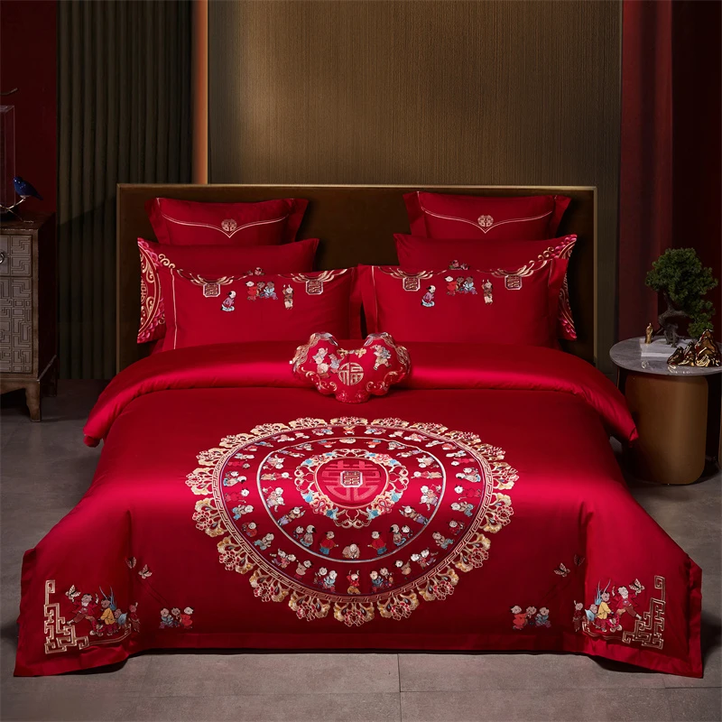 【百子图系列】全棉刺绣结婚红色四件套多子多福大红色喜四件套红色