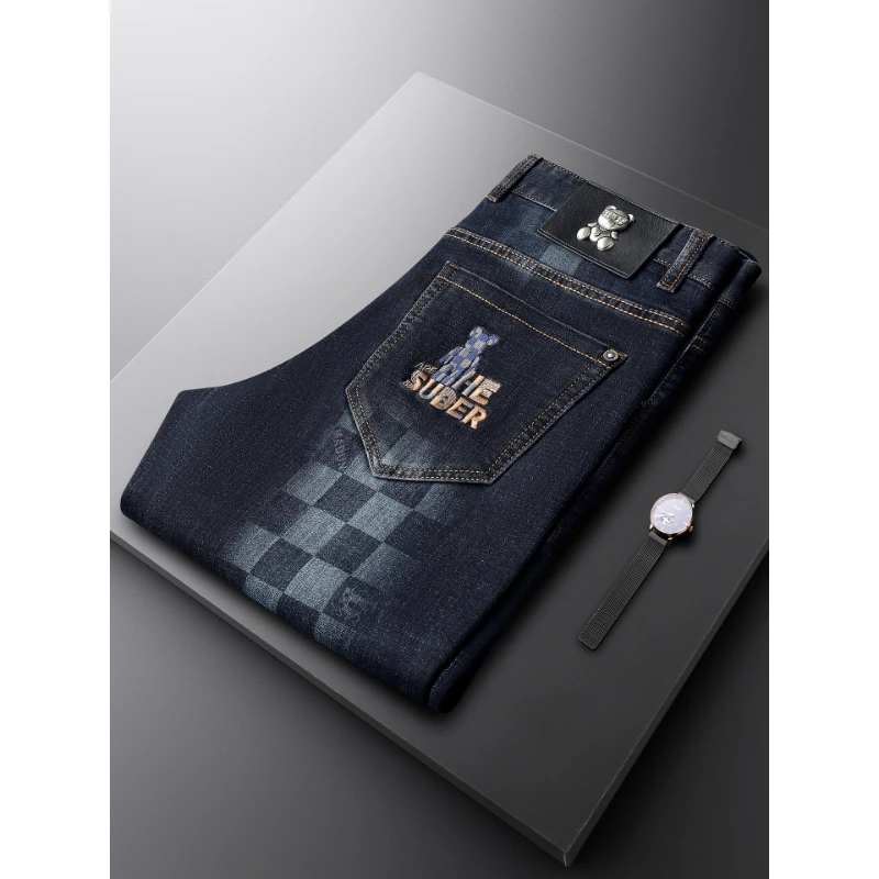 印花牛仔裤男轻奢深兰色格纹修身小直筒秋季时尚潮流男士刺绣裤子