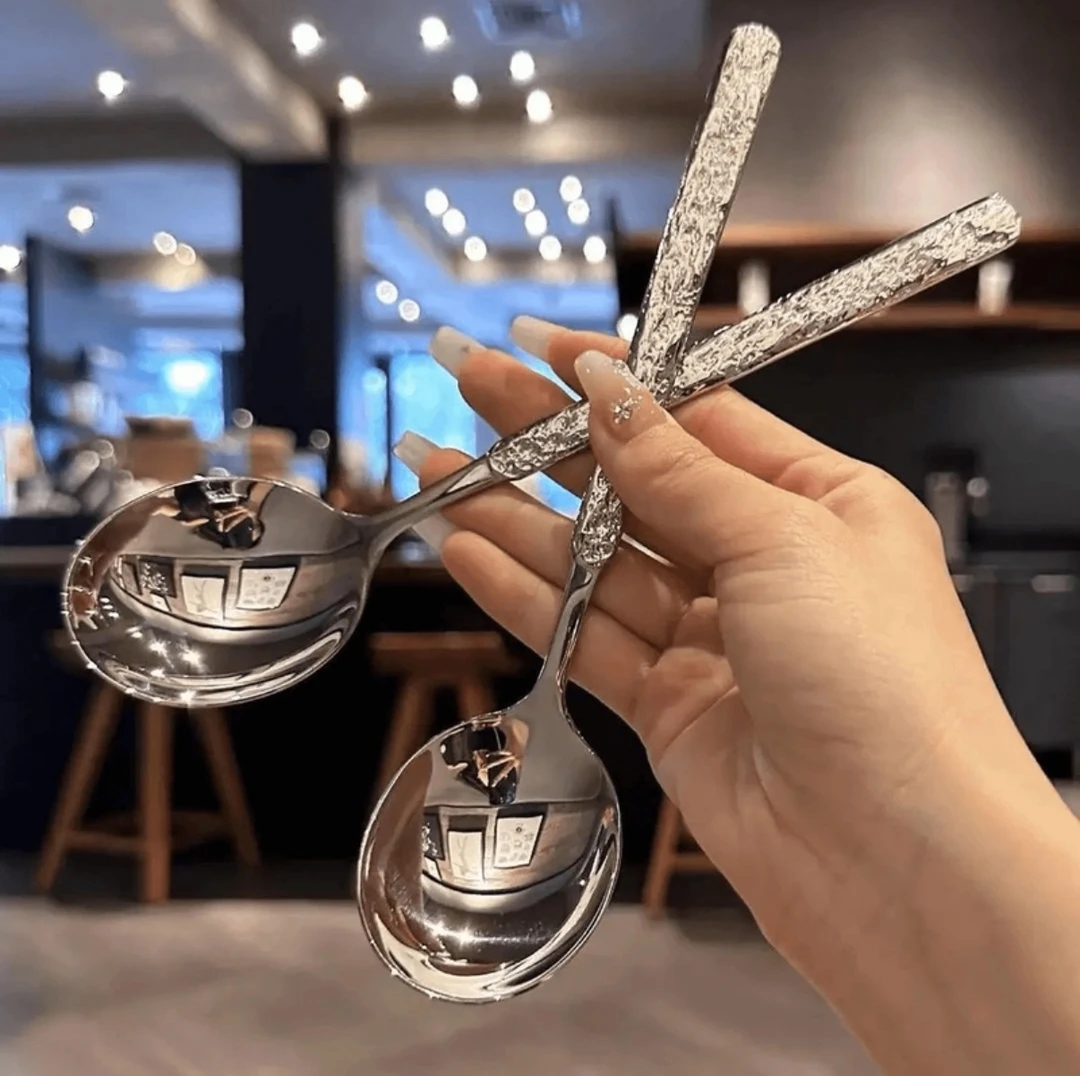 冰裂纹【两个装】不锈钢圆头勺家用高端汤匙西餐勺高颜值公勺