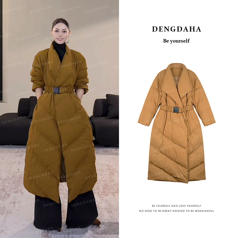 DENGDAHA「梧桐落叶长」立领百搭收腰保暖羽绒服长外套上衣 A9101
