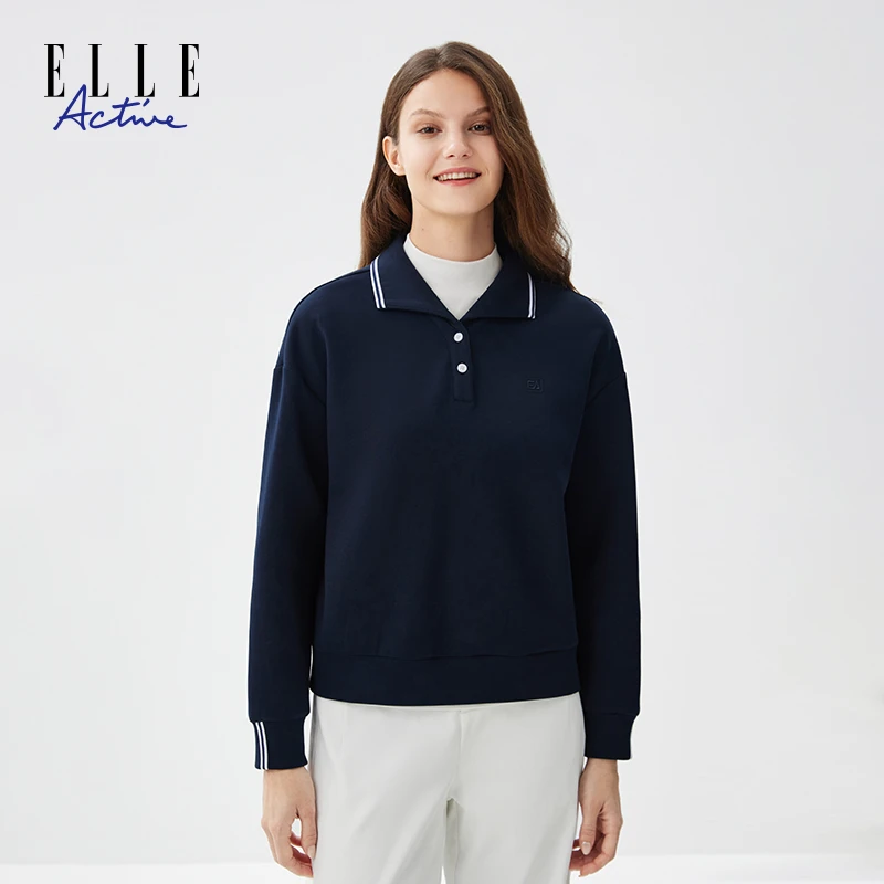 ELLE Active【空气层】秋季新款半纽扣翻领卫衣简约百搭女休闲上衣