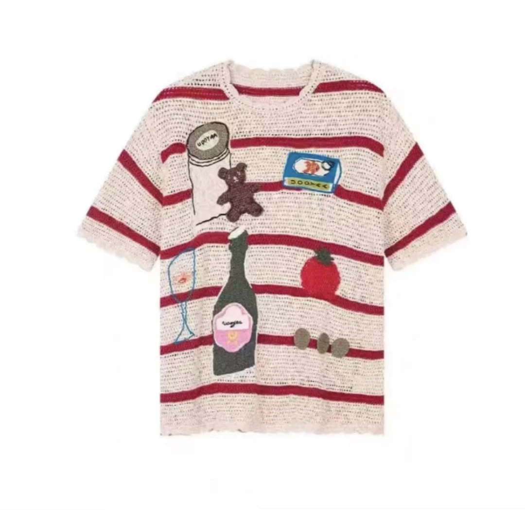 2025夏季新品条纹短袖T恤多巴胺撞色设计感上衣