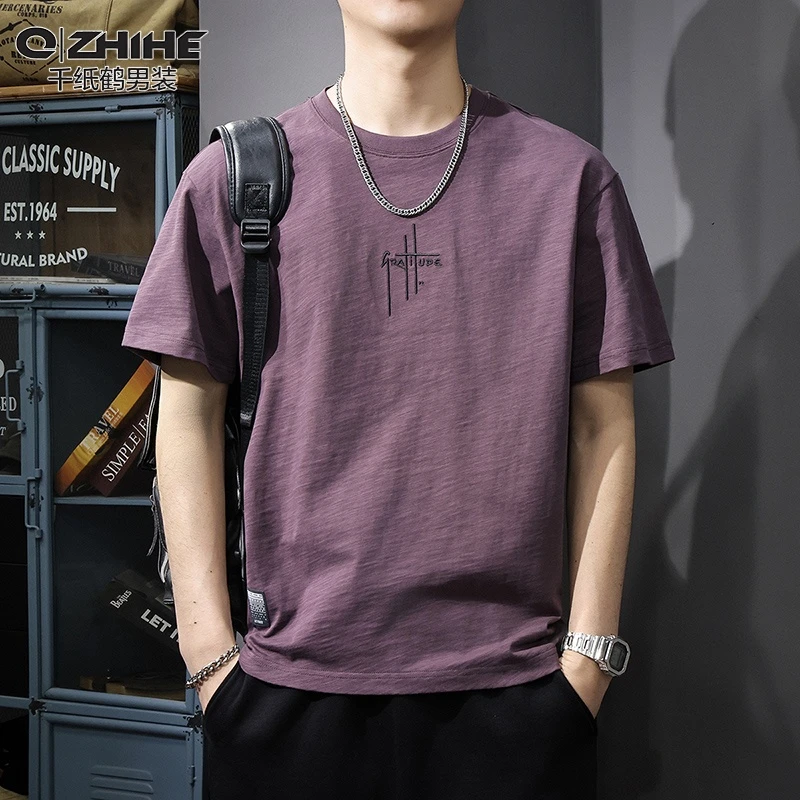 QZHIHE/千纸鹤夏季新款重磅男士男装短袖t恤潮牌纯棉刺绣休闲体恤