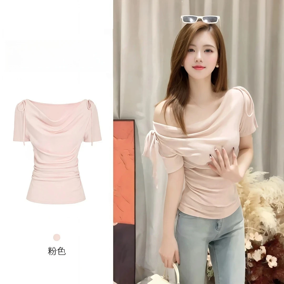 正肩系带独特纯欲风荡领修身显瘦短袖T恤女夏韩版别致设计感上衣